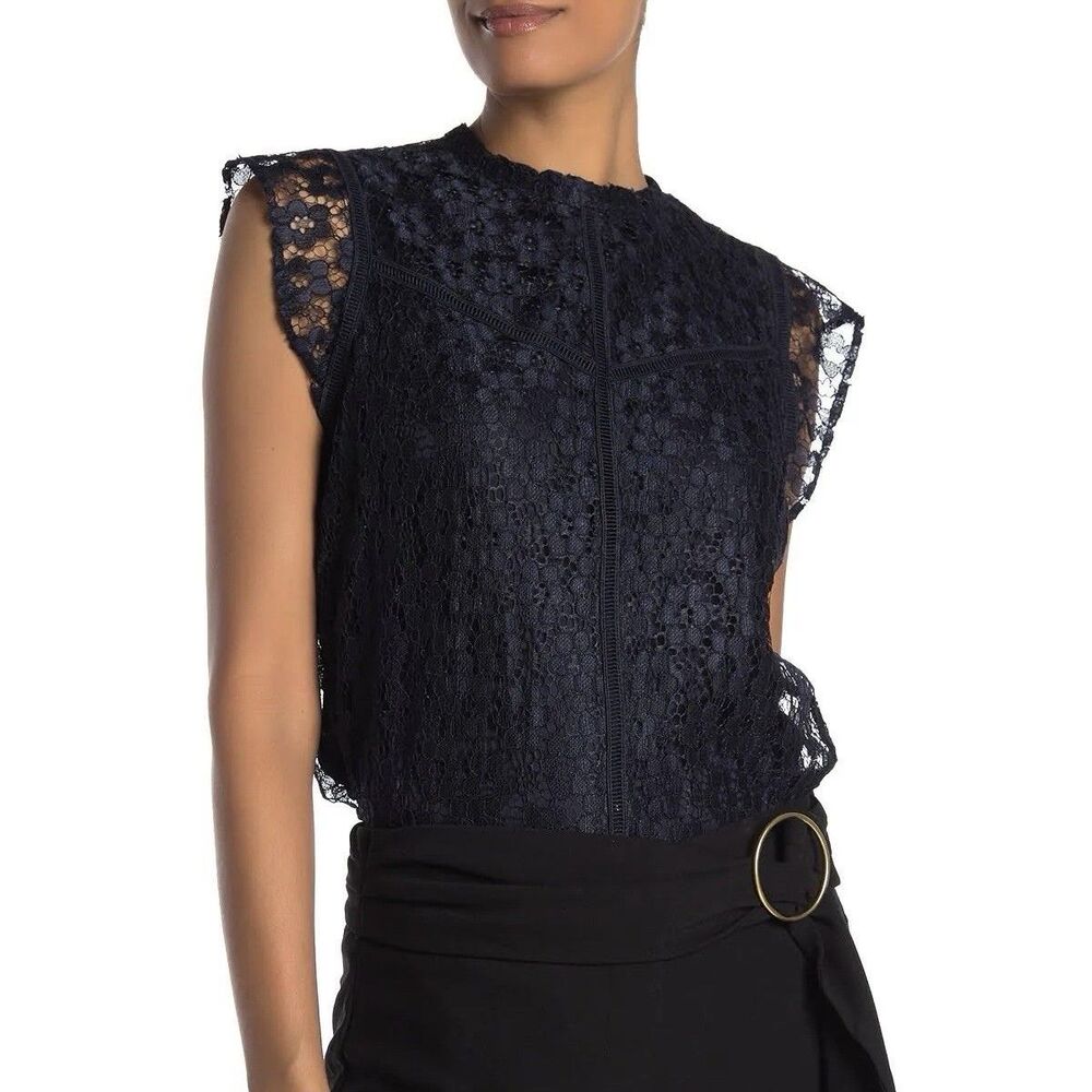 Nanette Lepore Navy Blue Cap Sleeve Lace Blouse Top Size S